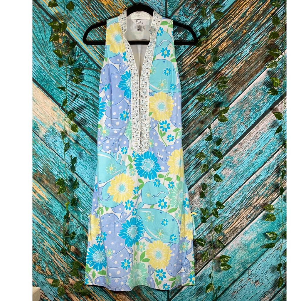 Lilly Pulitzer Blue & Green King Crab Pearl & Gem Embellished Dress